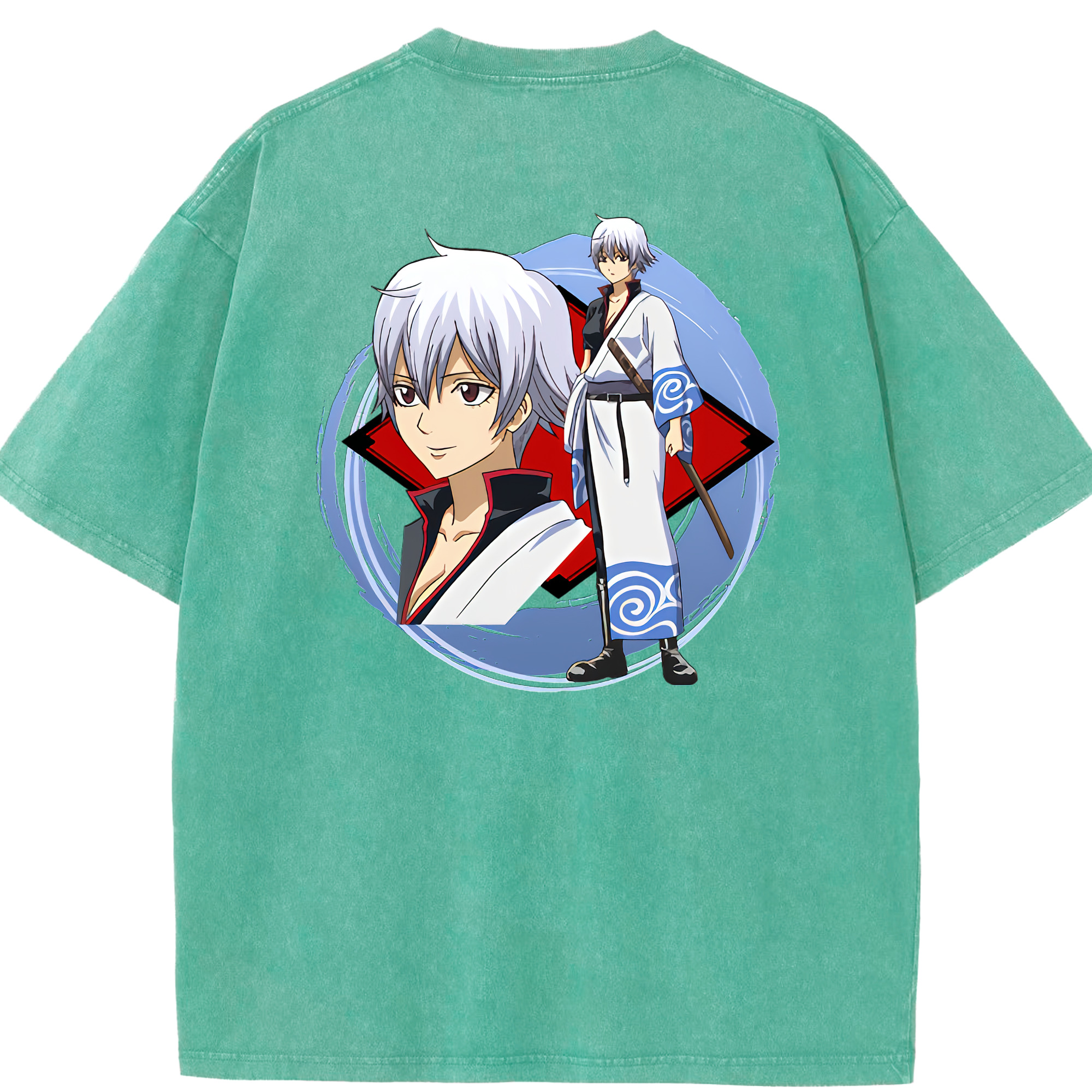 （画像用） ぎんたま 坂田銀時（さかたぎんとき） 神楽 志村新八（しむら しんぱち） GINTAMA Sakata Gintoki Kagura Shimura Shinpachi 綿100% ヴィンテージ風 半袖Tシャツ（背面プリント）